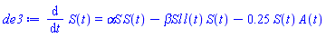 diff(S(t), t) = `&alpha;S`*S(t)-`&beta;Sl`*l(t)*S(t)-.25*S(t)*A(t)