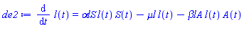 diff(l(t), t) = `&alpha;lS`*l(t)*S(t)-`&mu;l`*l(t)-`&beta;lA`*l(t)*A(t)