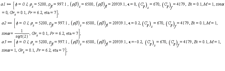 a1 := [phi = .1, rho[s] = 5200, rho[fl] = 997.1, `&rho;&beta;`[s] = 6500, `&rho;&beta;`[fl] = 20939.1, epsilon = 0, C[p][s] = 670, C[p][f] = 4179, Bi = .1, M = 1, `sin&alpha;` = 0, Gr[x] = .1, Pr = 6.2, eta = 7];