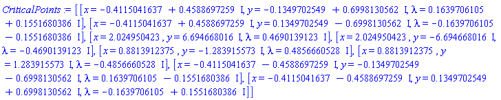 [[x = -.4115041637+.4588697259*I, y = -.1349702549+.6998130562*I, lambda = .1639706105+.1551680386*I], [x = -.4115041637+.4588697259*I, y = .1349702549-.6998130562*I, lambda = -.1639706105-.1551680386*I], [x = 2.024950423, y = 6.694668016*I, lambda = .4690139123*I], [x = 2.024950423, y = -6.694668016*I, lambda = -.4690139123*I], [x = .8813912375, y = -1.283915573*I, lambda = .4856660528*I], [x = .8813912375, y = 1.283915573*I, lambda = -.4856660528*I], [x = -.4115041637-.4588697259*I, y = -.1349702549-.6998130562*I, lambda = .1639706105-.1551680386*I], [x = -.4115041637-.4588697259*I, y = .1349702549+.6998130562*I, lambda = -.1639706105+.1551680386*I]]