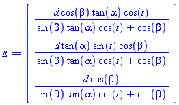 Vector(3, {(1) = d*cos(beta)*tan(alpha)*cos(t)/(sin(beta)*tan(alpha)*cos(t)+cos(beta)), (2) = d*tan(alpha)*sin(t)*cos(beta)/(sin(beta)*tan(alpha)*cos(t)+cos(beta)), (3) = d*cos(beta)/(sin(beta)*tan(alpha)*cos(t)+cos(beta))})