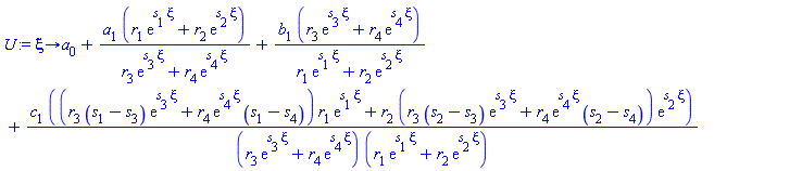 proc (xi) options operator, arrow; a[0]+a[1]*(r[1]*exp(s[1]*xi)+r[2]*exp(s[2]*xi))/(r[3]*exp(s[3]*xi)+r[4]*exp(s[4]*xi))+b[1]*(r[3]*exp(s[3]*xi)+r[4]*exp(s[4]*xi))/(r[1]*exp(s[1]*xi)+r[2]*exp(s[2]*xi))+c[1]*((r[3]*(s[1]-s[3])*exp(s[3]*xi)+r[4]*exp(s[4]*xi)*(s[1]-s[4]))*r[1]*exp(s[1]*xi)+r[2]*(r[3]*(s[2]-s[3])*exp(s[3]*xi)+r[4]*exp(s[4]*xi)*(s[2]-s[4]))*exp(s[2]*xi))/((r[3]*exp(s[3]*xi)+r[4]*exp(s[4]*xi))*(r[1]*exp(s[1]*xi)+r[2]*exp(s[2]*xi))) end proc