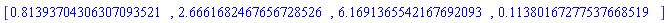 [.81393704306307093521, 2.6661682467656728526, 6.1691365542167692093, .11380167277537668519]