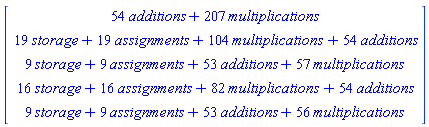 Vector(5, {(1) = 54*additions+207*multiplications, (2) = 19*storage+19*assignments+104*multiplications+54*additions, (3) = 9*storage+9*assignments+53*additions+57*multiplications, (4) = 16*storage+16*assignments+82*multiplications+54*additions, (5) = 9*storage+9*assignments+53*additions+56*multiplications})