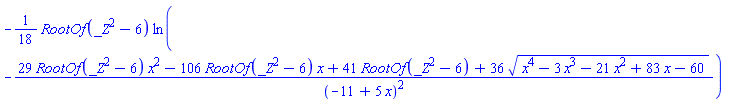 -(1/18)*RootOf(_Z^2-6)*ln(-(29*RootOf(_Z^2-6)*x^2-106*RootOf(_Z^2-6)*x+41*RootOf(_Z^2-6)+36*(x^4-3*x^3-21*x^2+83*x-60)^(1/2))/(-11+5*x)^2)