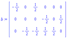 b := Matrix(3, 6, {(1, 1) = -1/2, (1, 2) = 0, (1, 3) = 1/2, (1, 4) = 0, (1, 5) = 0, (1, 6) = 0, (2, 1) = 0, (2, 2) = 0, (2, 3) = 0, (2, 4) = -1/2, (2, 5) = 0, (2, 6) = 1/2, (3, 1) = 0, (3, 2) = -1/2, (3, 3) = -1/2, (3, 4) = 1/2, (3, 5) = 1/2, (3, 6) = 0})