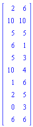 Matrix([[2, 6], [10, 10], [5, 5], [6, 1], [5, 3], [10, 4], [1, 6], [2, 5], [0, 3], [6, 6]])
