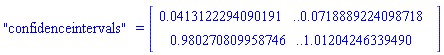 "confidenceintervals" = (Vector(2, {(1) = 0.413122294090191e-1 .. 0.718889224098718e-1, (2) = .980270809958746 .. 1.01204246339490}))