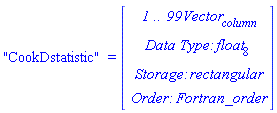 "CookDstatistic" = (Vector(4, {(1) = ` 1 .. 99 `*Vector[column], (2) = `Data Type: `*float[8], (3) = `Storage: `*rectangular, (4) = `Order: `*Fortran_order}))