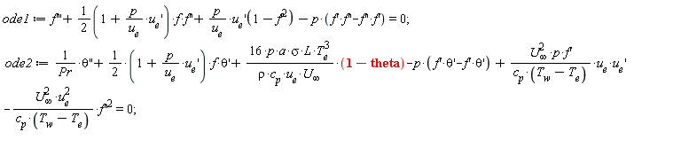 ode1 := diff(f(x), x, x, x)+(1/2*(1+p*(diff(u[e](x), x))/u[e]))*f(x)*(diff(f(x), x, x))+p*(D(u[e]))(1-(diff(f(x), x))^2)/u[e]-p*((diff(f(x), x))*(diff(f(x), x, x))-(diff(f(x), x))*(diff(f(x), x, x))) = 0;