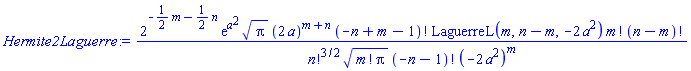 2^(-(1/2)*m-(1/2)*n)*exp(a^2)*Pi^(1/2)*(2*a)^(m+n)*factorial(-n+m-1)*LaguerreL(m, n-m, -2*a^2)*factorial(m)*factorial(n-m)/(factorial(n)^(3/2)*(factorial(m)*Pi)^(1/2)*factorial(-n-1)*(-2*a^2)^m)
