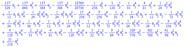 -(137/324)*theta[1]+(137/648)*theta[3]^2+(137/384)*theta[2]-(137/384)*theta[4]^2-18769/20736-(1/256)*theta[2]^6+(3/128)*theta[2]^5-(1/81)*theta[1]^4+(4/81)*theta[1]^3+(1/24)*theta[3]^2*theta[4]^2+(1/12)*theta[1]*theta[2]*theta[4]^2-(1/24)*theta[3]^2*theta[4]^2*theta[2]-(1/24)*theta[1]^2*theta[2]*theta[4]^2-(15/256)*theta[2]^4-(9/256)*theta[4]^4-(1/81)*theta[3]^4-(1/24)*theta[1]^2*theta[2]+(1/12)*theta[1]*theta[2]-(1/72)*theta[1]^2*theta[2]^3+(1/24)*theta[1]^2*theta[2]^2+(1/36)*theta[1]*theta[2]^3-(1/12)*theta[1]*theta[2]^2+(1/24)*theta[1]^2*theta[4]^2-(1/12)*theta[1]*theta[4]^2-(1/72)*theta[2]^3*theta[3]^2+(1/24)*theta[2]^2*theta[3]^2-(1/24)*theta[2]*theta[3]^2-(9/256)*theta[2]^2*theta[4]^4+(9/128)*theta[2]*theta[4]^4-(2/81)*theta[1]^2*theta[3]^2+(4/81)*theta[1]*theta[3]^2-(3/128)*theta[4]^2*theta[2]^4+(3/32)*theta[4]^2*theta[2]^3-(9/64)*theta[4]^2*theta[2]^2+(109/576)*theta[2]^3-(301/768)*theta[2]^2+(41/96)*theta[4]^2*theta[2]+(35/216)*theta[1]^2