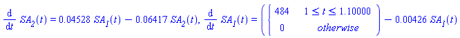 diff(SA__2(t), t) = 0.452821e-1*SA__1(t)-0.641682e-1*SA__2(t), diff(SA__1(t), t) = piecewise(1 <= t and t <= 1.1, 484, 0)-0.426118e-2*SA__1(t)