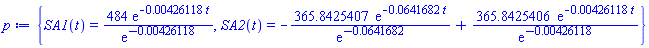 {SA1(t) = 484*exp(-0.426118e-2*t)/exp(-0.426118e-2), SA2(t) = -365.8425407*exp(-0.641682e-1*t)/exp(-0.641682e-1)+365.8425406*exp(-0.426118e-2*t)/exp(-0.426118e-2)}