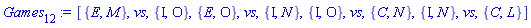 [{E, M}, vs, {I, O}, {E, O}, vs, {I, N}, {I, O}, vs, {C, N}, {I, N}, vs, {C, L}]