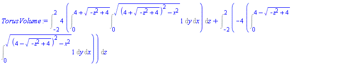 Int(4*(Int(Int(1, y = 0 .. ((4+(-z^2+4)^(1/2))^2-x^2)^(1/2)), x = 0 .. 4+(-z^2+4)^(1/2))), z = -2 .. 2)+Int(-4*(Int(Int(1, y = 0 .. ((4-(-z^2+4)^(1/2))^2-x^2)^(1/2)), x = 0 .. 4-(-z^2+4)^(1/2))), z = -2 .. 2)