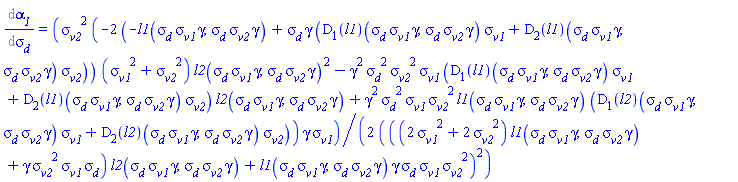 Diff(alpha__1, sigma__d) = (1/2)*sigma__v2^2*(-2*(-l1(sigma__d*sigma__v1*gamma, sigma__d*sigma__v2*gamma)+sigma__d*gamma*((D[1](l1))(sigma__d*sigma__v1*gamma, sigma__d*sigma__v2*gamma)*sigma__v1+(D[2](l1))(sigma__d*sigma__v1*gamma, sigma__d*sigma__v2*gamma)*sigma__v2))*(sigma__v1^2+sigma__v2^2)*l2(sigma__d*sigma__v1*gamma, sigma__d*sigma__v2*gamma)^2-gamma^2*sigma__d^2*sigma__v2^2*sigma__v1*((D[1](l1))(sigma__d*sigma__v1*gamma, sigma__d*sigma__v2*gamma)*sigma__v1+(D[2](l1))(sigma__d*sigma__v1*gamma, sigma__d*sigma__v2*gamma)*sigma__v2)*l2(sigma__d*sigma__v1*gamma, sigma__d*sigma__v2*gamma)+gamma^2*sigma__d^2*sigma__v1*sigma__v2^2*l1(sigma__d*sigma__v1*gamma, sigma__d*sigma__v2*gamma)*((D[1](l2))(sigma__d*sigma__v1*gamma, sigma__d*sigma__v2*gamma)*sigma__v1+(D[2](l2))(sigma__d*sigma__v1*gamma, sigma__d*sigma__v2*gamma)*sigma__v2))*gamma*sigma__v1/(((2*sigma__v1^2+2*sigma__v2^2)*l1(sigma__d*sigma__v1*gamma, sigma__d*sigma__v2*gamma)+gamma*sigma__v2^2*sigma__v1*sigma__d)*l2(sigma__d*sigma__v1*gamma, sigma__d*sigma__v2*gamma)+l1(sigma__d*sigma__v1*gamma, sigma__d*sigma__v2*gamma)*gamma*sigma__d*sigma__v1*sigma__v2^2)^2
