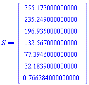 Vector(7, {(1) = 255.172, (2) = 235.249, (3) = 196.935, (4) = 132.567, (5) = 77.3946, (6) = 32.1839, (7) = .766284})