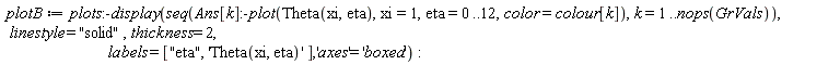 plotB := plots:-display(seq(Ans[k]:-plot(Theta(xi, eta), xi = 1, eta = 0 .. 12, color = colour[k]), k = 1 .. nops(GrVals)), linestyle = "solid", thickness = 2, labels = ["eta", 'Theta(xi, eta)'], 'axes' = 'boxed')