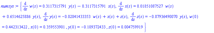 {diff(w(s), s) = .3117315791*y(s)-.3117315791*x(s), diff(x(s), s) = 0.1851087527e-1*w(s)+.6514625886*y(s), diff(y(s), s) = -0.2841433353e-1*w(s)+x(s)+z(s), diff(z(s), s) = -0.7936490070e-1*y(s), w(0) = .442313422, x(0) = .359553901, y(0) = -.109372433, z(0) = 0.4759919e-2}
