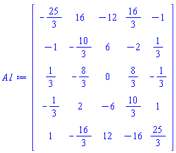 Matrix(5, 5, {(1, 1) = -25/3, (1, 2) = 16, (1, 3) = -12, (1, 4) = 16/3, (1, 5) = -1, (2, 1) = -1, (2, 2) = -10/3, (2, 3) = 6, (2, 4) = -2, (2, 5) = 1/3, (3, 1) = 1/3, (3, 2) = -8/3, (3, 3) = 0, (3, 4) = 8/3, (3, 5) = -1/3, (4, 1) = -1/3, (4, 2) = 2, (4, 3) = -6, (4, 4) = 10/3, (4, 5) = 1, (5, 1) = 1, (5, 2) = -16/3, (5, 3) = 12, (5, 4) = -16, (5, 5) = 25/3})
