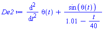 diff(diff(theta(t), t), t)+sin(theta(t))/(1.01-(1/40)*t)