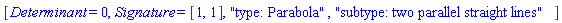 [Determinant = 0, Signature = [1, 1], "type: Parabola", "subtype: two parallel straight lines"]