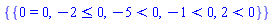 {{0 = 0, -2 <= 0, -5 < 0, -1 < 0, 2 < 0}}