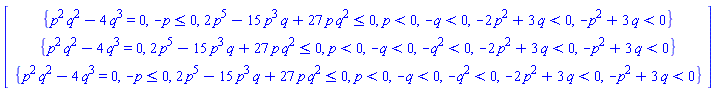 Vector(3, {(1) = {p^2*q^2-4*q^3 = 0, -p <= 0, 2*p^5-15*p^3*q+27*p*q^2 <= 0, p < 0, -q < 0, -2*p^2+3*q < 0, -p^2+3*q < 0}, (2) = {p^2*q^2-4*q^3 = 0, 2*p^5-15*p^3*q+27*p*q^2 <= 0, p < 0, -q < 0, -q^2 < 0, -2*p^2+3*q < 0, -p^2+3*q < 0}, (3) = {p^2*q^2-4*q^3 = 0, -p <= 0, 2*p^5-15*p^3*q+27*p*q^2 <= 0, p < 0, -q < 0, -q^2 < 0, -2*p^2+3*q < 0, -p^2+3*q < 0}})