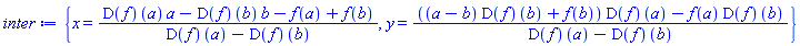 {x = ((D(f))(a)*a-(D(f))(b)*b-f(a)+f(b))/((D(f))(a)-(D(f))(b)), y = (((a-b)*(D(f))(b)+f(b))*(D(f))(a)-f(a)*(D(f))(b))/((D(f))(a)-(D(f))(b))}