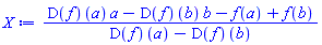 ((D(f))(a)*a-(D(f))(b)*b-f(a)+f(b))/((D(f))(a)-(D(f))(b))