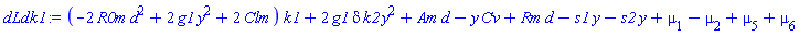 (-2*R0m*d^2+2*g1*y^2+2*Clm)*k1+2*g1*delta*k2*y^2+Am*d-y*Cv+Rm*d-s1*y-s2*y+mu[1]-mu[2]+mu[5]+mu[6]
