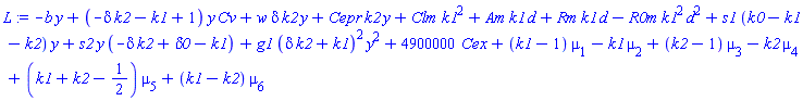 -b*y+(-delta*k2-k1+1)*y*Cv+w*delta*k2*y+Cepr*k2*y+Clm*k1^2+Am*k1*d+Rm*k1*d-R0m*k1^2*d^2+s1*(k0-k1-k2)*y+s2*y*(-delta*k2+delta0-k1)+g1*(delta*k2+k1)^2*y^2+4900000*Cex+(k1-1)*mu[1]-k1*mu[2]+(k2-1)*mu[3]-k2*mu[4]+(k1+k2-1/2)*mu[5]+(k1-k2)*mu[6]