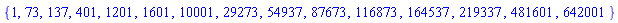 {1, 73, 137, 401, 1201, 1601, 10001, 29273, 54937, 87673, 116873, 164537, 219337, 481601, 642001}