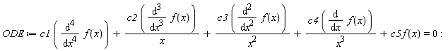 ODE := c1*(diff(f(x), x, x, x, x))+c2*(diff(f(x), x, x, x))/x+c3*(diff(f(x), x, x))/x^2+c4*(diff(f(x), x))/x^3+c5*f(x) = 0