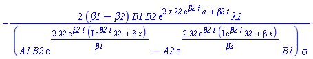 -2*(beta1-beta2)*B1*B2*exp(2*x*lambda2*exp(beta2*t)*a+beta2*t)*lambda2/((A1*B2*exp(2*lambda2*exp(beta2*t)*(I*exp(beta2*t)*lambda2+beta*x)/beta1)-A2*exp(2*lambda2*exp(beta2*t)*(I*exp(beta2*t)*lambda2+beta*x)/beta2)*B1)*sigma)