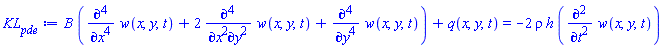 B*(diff(diff(diff(diff(w(x, y, t), x), x), x), x)+2*(diff(diff(diff(diff(w(x, y, t), x), x), y), y))+diff(diff(diff(diff(w(x, y, t), y), y), y), y))+q(x, y, t) = -2*rho*h*(diff(diff(w(x, y, t), t), t))