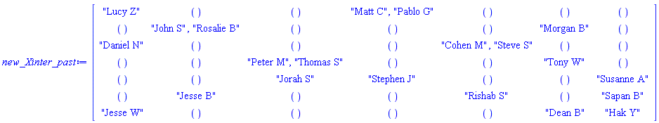 "[[["Lucy Z",,,"Matt C","Pablo G",,,],[,"John S","Rosalie B",,,,"Morgan B",],["Daniel N",,,,"Cohen M","Steve S",,],[,,"Peter M","Thomas S",,,"Tony W",],[,,"Jorah S","Stephen J",,,"Susanne A"],[,"Jesse B",,,"Rishab S",,"Sapan B"],["Jesse W",,,,,"Dean B","Hak Y"]]]"