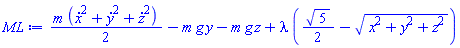 (1/2)*m*((diff(x(t), t))^2+(diff(y(t), t))^2+(diff(z(t), t))^2)-m*g*y(t)-m*g*z(t)+lambda(t)*((1/2)*5^(1/2)-(x(t)^2+y(t)^2+z(t)^2)^(1/2))