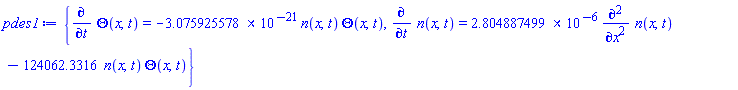 {diff(Theta(x, t), t) = -0.3075925578e-20*n(x, t)*Theta(x, t), diff(n(x, t), t) = 0.2804887499e-5*(diff(diff(n(x, t), x), x))-124062.3316*n(x, t)*Theta(x, t)}