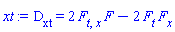 `#msubsup(mo("D"),mrow(mo("x"),mo("t")))` = 2*(diff(diff(F, t), x))*F-2*(diff(F, t))*(diff(F, x))