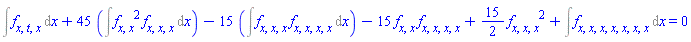 Int(diff(diff(diff(f, t), x), x), x)+45*(Int((diff(diff(f, x), x))^2*(diff(diff(diff(f, x), x), x)), x))-15*(Int((diff(diff(diff(f, x), x), x))*(diff(diff(diff(diff(f, x), x), x), x)), x))-15*(diff(diff(f, x), x))*(diff(diff(diff(diff(f, x), x), x), x))+(15/2)*(diff(diff(diff(f, x), x), x))^2+Int(diff(diff(diff(diff(diff(diff(diff(f, x), x), x), x), x), x), x), x) = 0