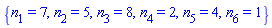 {n[1] = 7, n[2] = 5, n[3] = 8, n[4] = 2, n[5] = 4, n[6] = 1}