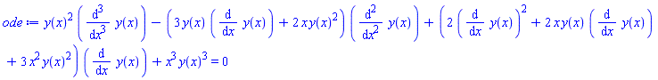 y(x)^2*(diff(diff(diff(y(x), x), x), x))-(3*y(x)*(diff(y(x), x))+2*x*y(x)^2)*(diff(diff(y(x), x), x))+(2*(diff(y(x), x))^2+2*x*y(x)*(diff(y(x), x))+3*x^2*y(x)^2)*(diff(y(x), x))+x^3*y(x)^3 = 0