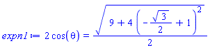 2*cos(theta) = (1/2)*(9+4*(-(1/2)*3^(1/2)+1)^2)^(1/2)