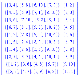Matrix([[{[3, 4], [5, 8], [6, 10], [7, 9]}, [1, 2]], [{[4, 5], [6, 9], [7, 1], [8, 10]}, [2, 3]], [{[5, 6], [7, 10], [8, 2], [9, 1]}, [3, 4]], [{[6, 7], [8, 1], [9, 3], [10, 2]}, [4, 5]], [{[1, 3], [7, 8], [9, 2], [10, 4]}, [5, 6]], [{[1, 5], [2, 4], [8, 9], [10, 3]}, [6, 7]], [{[1, 4], [2, 6], [3, 5], [9, 10]}, [7, 8]], [{[2, 5], [3, 7], [4, 6], [10, 1]}, [8, 9]], [{[1, 2], [3, 6], [4, 8], [5, 7]}, [9, 10]], [{[2, 3], [4, 7], [5, 9], [6, 8]}, [10, 1]]])
