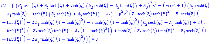 beta*(B[1]*sech(xi)+A[1]*tanh(xi)+tanh(xi)*(B[2]*sech(xi)+A[2]*tanh(xi))+A[0])^2*c^2+(-alpha*c^2+1)*(B[1]*sech(xi)+A[1]*tanh(xi)+tanh(xi)*(B[2]*sech(xi)+A[2]*tanh(xi))+A[0])+mu^2*c^2*(B[1]*sech(xi)*tanh(xi)^2-B[1]*sech(xi)*(1-tanh(xi)^2)-2*A[1]*tanh(xi)*(1-tanh(xi)^2)-2*tanh(xi)*(1-tanh(xi)^2)*(B[2]*sech(xi)+A[2]*tanh(xi))+2*(1-tanh(xi)^2)*(-B[2]*sech(xi)*tanh(xi)+A[2]*(1-tanh(xi)^2))+tanh(xi)*(B[2]*sech(xi)*tanh(xi)^2-B[2]*sech(xi)*(1-tanh(xi)^2)-2*A[2]*tanh(xi)*(1-tanh(xi)^2))) = 0
