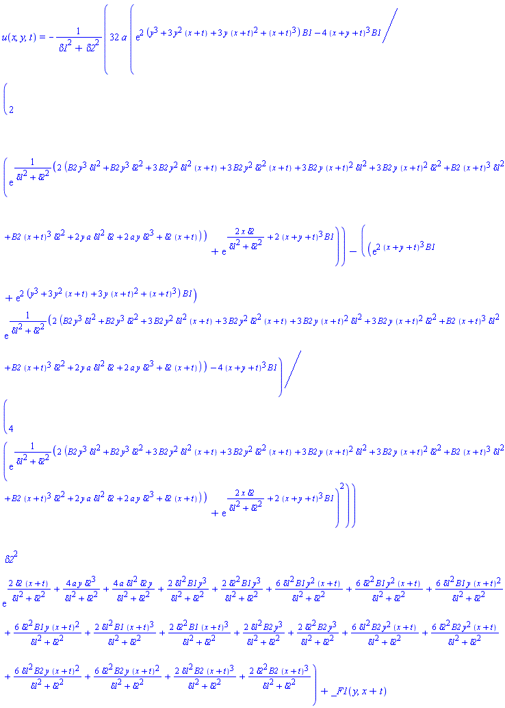 u(x, y, t) = -32*a*((1/2)*exp(2*(y^3+3*y^2*(x+t)+3*y*(x+t)^2+(x+t)^3)*B1-4*(x+y+t)^3*B1)/(exp(2*(B2*y^3*delta1^2+B2*y^3*delta2^2+3*B2*y^2*delta1^2*(x+t)+3*B2*y^2*delta2^2*(x+t)+3*B2*y*(x+t)^2*delta1^2+3*B2*y*(x+t)^2*delta2^2+B2*(x+t)^3*delta1^2+B2*(x+t)^3*delta2^2+2*y*a*delta1^2*delta2+2*a*y*delta2^3+delta2*(x+t))/(delta1^2+delta2^2))+exp(2*x*delta2/(delta1^2+delta2^2)+2*(x+y+t)^3*B1))-(1/4)*(exp(2*(x+y+t)^3*B1)+exp(2*(y^3+3*y^2*(x+t)+3*y*(x+t)^2+(x+t)^3)*B1))*exp(2*(B2*y^3*delta1^2+B2*y^3*delta2^2+3*B2*y^2*delta1^2*(x+t)+3*B2*y^2*delta2^2*(x+t)+3*B2*y*(x+t)^2*delta1^2+3*B2*y*(x+t)^2*delta2^2+B2*(x+t)^3*delta1^2+B2*(x+t)^3*delta2^2+2*y*a*delta1^2*delta2+2*a*y*delta2^3+delta2*(x+t))/(delta1^2+delta2^2)-4*(x+y+t)^3*B1)/(exp(2*(B2*y^3*delta1^2+B2*y^3*delta2^2+3*B2*y^2*delta1^2*(x+t)+3*B2*y^2*delta2^2*(x+t)+3*B2*y*(x+t)^2*delta1^2+3*B2*y*(x+t)^2*delta2^2+B2*(x+t)^3*delta1^2+B2*(x+t)^3*delta2^2+2*y*a*delta1^2*delta2+2*a*y*delta2^3+delta2*(x+t))/(delta1^2+delta2^2))+exp(2*x*delta2/(delta1^2+delta2^2)+2*(x+y+t)^3*B1))^2)*delta2^2*exp(2*delta2*(x+t)/(delta1^2+delta2^2)+4*a*y*delta2^3/(delta1^2+delta2^2)+4*a*delta1^2*delta2*y/(delta1^2+delta2^2)+2*delta1^2*B1*y^3/(delta1^2+delta2^2)+2*delta2^2*B1*y^3/(delta1^2+delta2^2)+6*delta1^2*B1*y^2*(x+t)/(delta1^2+delta2^2)+6*delta2^2*B1*y^2*(x+t)/(delta1^2+delta2^2)+6*delta1^2*B1*y*(x+t)^2/(delta1^2+delta2^2)+6*delta2^2*B1*y*(x+t)^2/(delta1^2+delta2^2)+2*delta1^2*B1*(x+t)^3/(delta1^2+delta2^2)+2*delta2^2*B1*(x+t)^3/(delta1^2+delta2^2)+2*delta1^2*B2*y^3/(delta1^2+delta2^2)+2*delta2^2*B2*y^3/(delta1^2+delta2^2)+6*delta1^2*B2*y^2*(x+t)/(delta1^2+delta2^2)+6*delta2^2*B2*y^2*(x+t)/(delta1^2+delta2^2)+6*delta1^2*B2*y*(x+t)^2/(delta1^2+delta2^2)+6*delta2^2*B2*y*(x+t)^2/(delta1^2+delta2^2)+2*delta1^2*B2*(x+t)^3/(delta1^2+delta2^2)+2*delta2^2*B2*(x+t)^3/(delta1^2+delta2^2))/(delta1^2+delta2^2)+_F1(y, x+t)