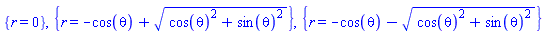 {r = 0}, {r = -cos(theta)+(cos(theta)^2+sin(theta)^2)^(1/2)}, {r = -cos(theta)-(cos(theta)^2+sin(theta)^2)^(1/2)}