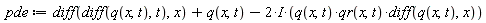 pde := diff(diff(q(x, t), t), x)+q(x, t)-(2*I)*q(x, t)*qr(x, t)*(diff(q(x, t), x))